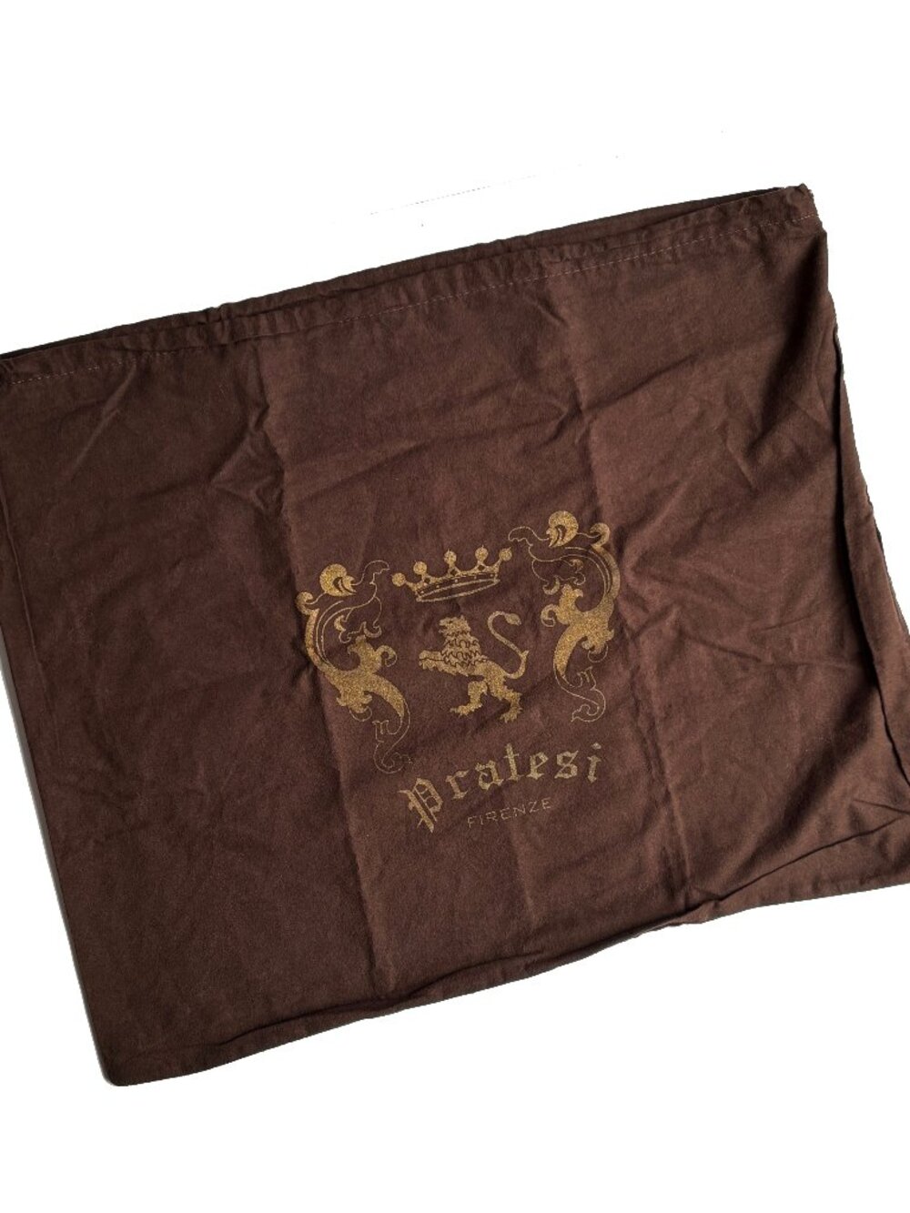 Pratesi Firenze Italy Dust Bag Brown Flannel Gold Lion Crest 21.5x17 Drawstring